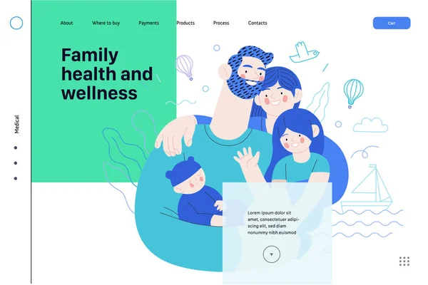 Familie gezondheid en welzijn - medische verzekering web template — Stockvector