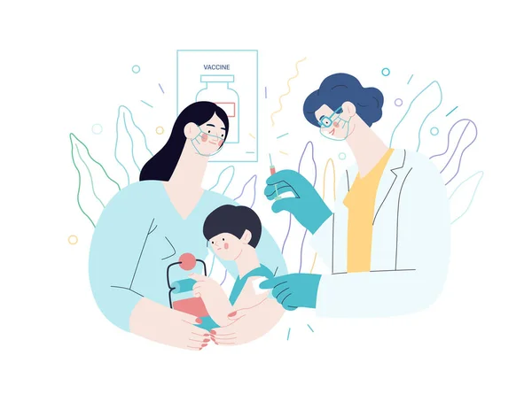 Szczepienie dzieci - ilustracja ubezpieczenia medycznego. Nowoczesny wektor płaski — Wektor stockowy