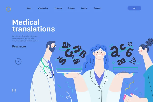 Traducciones médicas - plantilla web de seguro médico. Moderno vector plano — Vector de stock