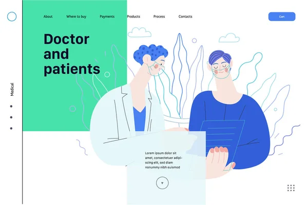 Лікар і пацієнти - веб-шаблон медичного страхування — стоковий вектор