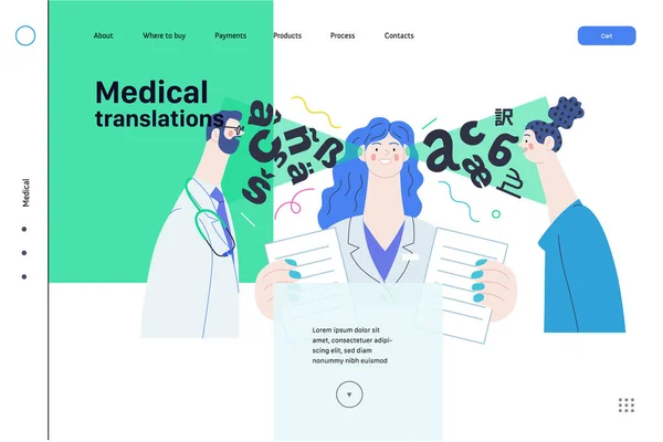 Traduções médicas modelo web de seguro médico. Vetor plano moderno — Vetor de Stock