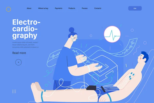 ECG 심전 도 검사 - 의학 시험 웹 템플릿. 현대의 평평 한 벡터 — 스톡 벡터