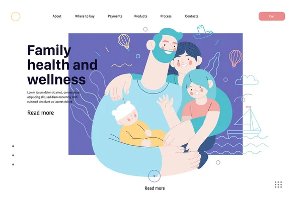 Familie gezondheid en welzijn - medische verzekering web template — Stockvector