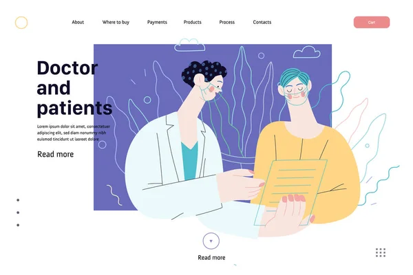 Lékař a pacienti - webová šablona zdravotního pojištění — Stockový vektor