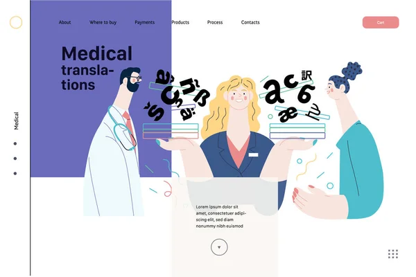 Медицинские переводы - веб-шаблон медицинского страхования. Плоский вектор — стоковый вектор