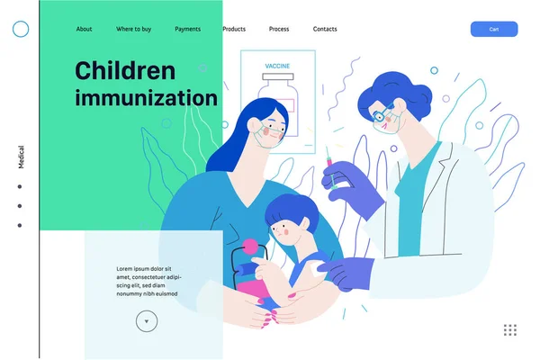 Inmunización infantil - plantilla web de seguro médico. Moderno vector plano — Archivo Imágenes Vectoriales