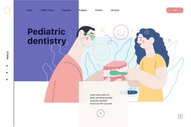 Pediatrik dişçilik - sağlık sigortası web şablonu. Düz vektör