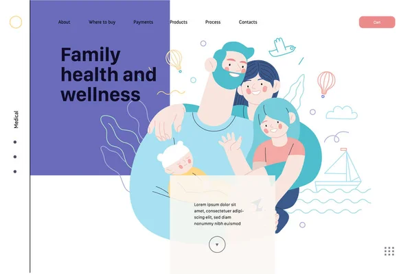 Familie gezondheid en welzijn - medische verzekering web template — Stockvector