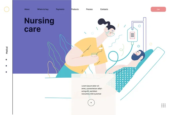 Atención de enfermería - ilustración del seguro médico. Moderno vector plano — Archivo Imágenes Vectoriales
