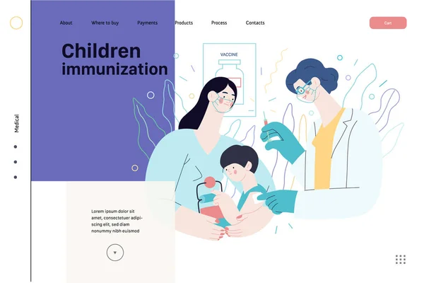 Inmunización infantil - plantilla web de seguro médico. Vector plano — Vector de stock