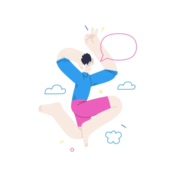 幸せな若い男が空気中で陽気にジャンプします 幸せなジャンプやダンスの人の近代的なフラットベクトルの概念図 感覚と感情の概念 — ストックベクタ