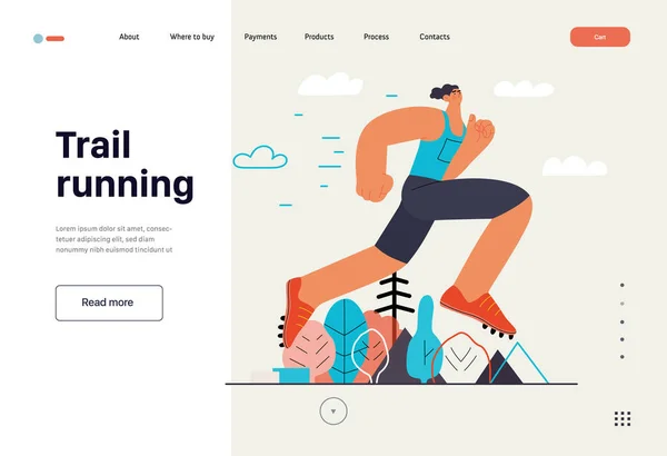 Futók - egy ember fut és gyakorló kívül, website template — Stock Vector