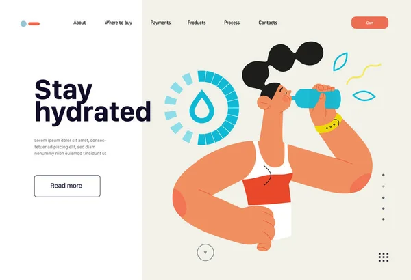 Δρομέας - ενυδάτωση, μια νεαρή γυναίκα πόσιμο νερό, πρότυπο ιστοσελίδα — Διανυσματικό Αρχείο