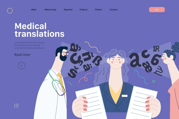 Tıbbi tercümeler - sağlık sigortası web şablonu. Modern düz vektör — Stok Vektör