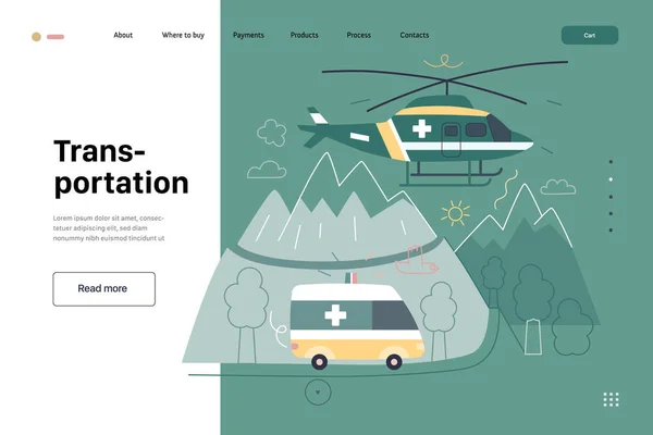 医療輸送-医療保険のWebテンプレート。現代の平面ベクトル — ストックベクタ