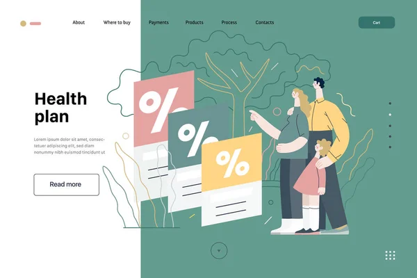 Planos de saúde modelo web de seguro médico. Vetor plano moderno — Vetor de Stock