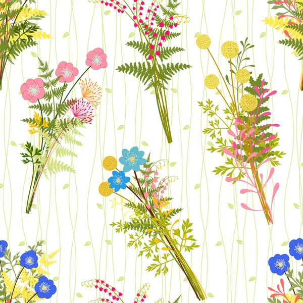 春季炫彩花卉与野生草背景 矢量图形