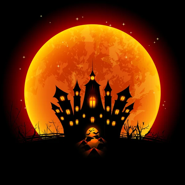 Ilustración de Halloween Luna de sangre y castillo embrujado — Vector de stock