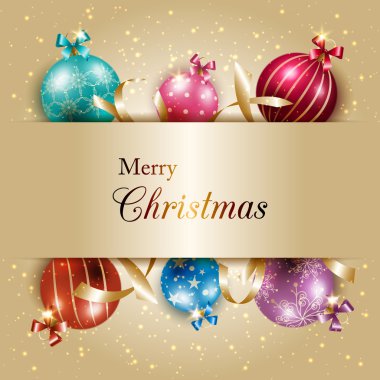 Altın renkli arka plan üzerinde parlak renkli Noel top