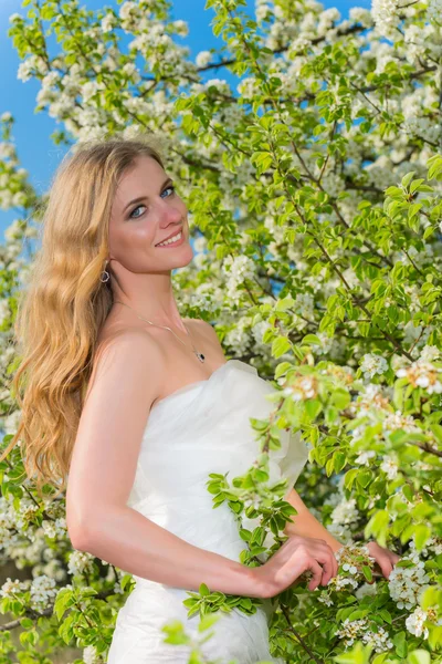 Beautiful woman near blossoming tree — Stock Photo, Image