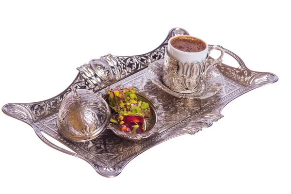 Кофе Турецкие Сладости Серебряном Подносе — стоковое фото