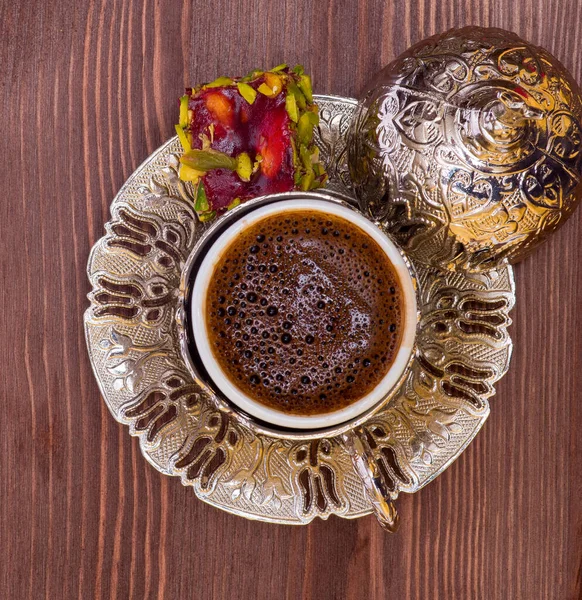 Кофе Турецкие Сладости Серебряном Подносе — стоковое фото