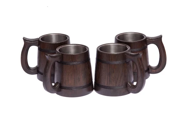 Beer Mugs Made Wood White Neutral Background — Stock Photo, Image