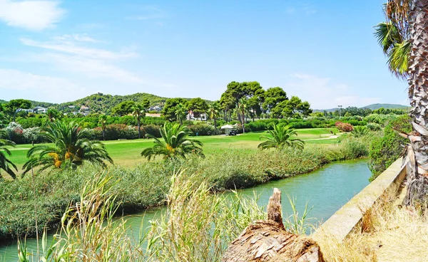 Panorama Pola Golfowego Plaży Sitges Katalonia Hiszpania Europa — Zdjęcie stockowe