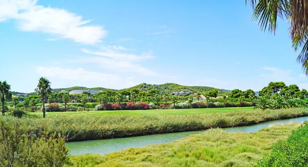 Panorama Pola Golfowego Plaży Sitges Katalonia Hiszpania Europa — Zdjęcie stockowe