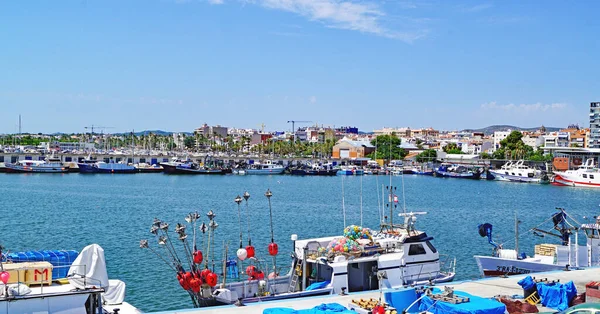Vista Del Puerto Playa Con Faro Fondo Villanueva Geltru Vilanova — Stockfoto