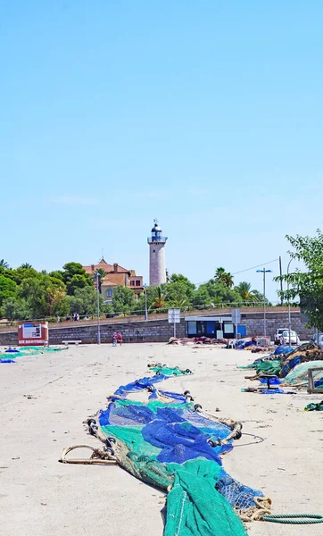 Vista Del Puerto Playa Con Faro Fondo Villanueva Geltru Barcelona — Foto de Stock