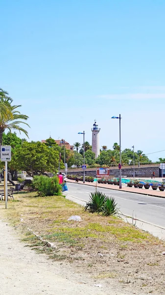 Vista Del Puerto Playa Con Faro Fondo Villanueva Geltru Vilanova — Stok fotoğraf