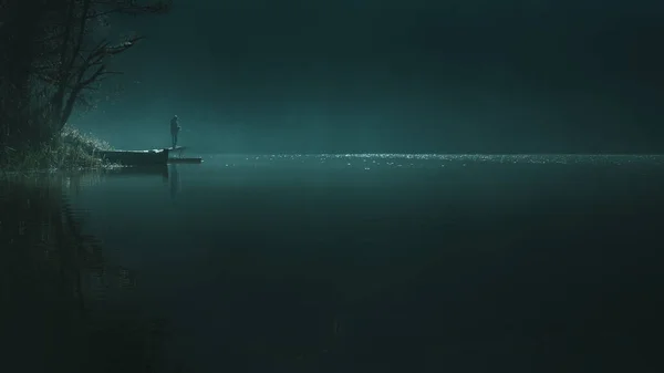 在神秘的湖上钓鱼，恐怖 — 图库照片