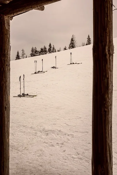 Skidor på en snötäckt sluttning — Stockfoto