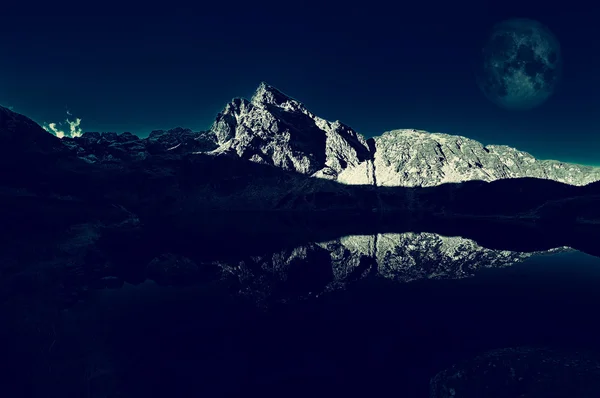 Mystical mountain lake and moon.Panorama. — Stock Photo, Image