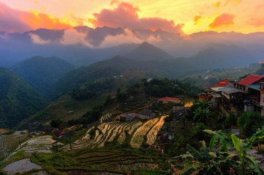Beautiful sunset at terraced of  Cat Cat Village, Sapa Vietnam.