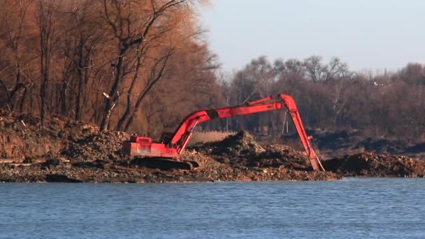 Excavator makes cleaning of the river — Stock Video