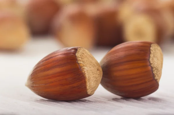 Hazelnoot op een witte tafel — Stockfoto