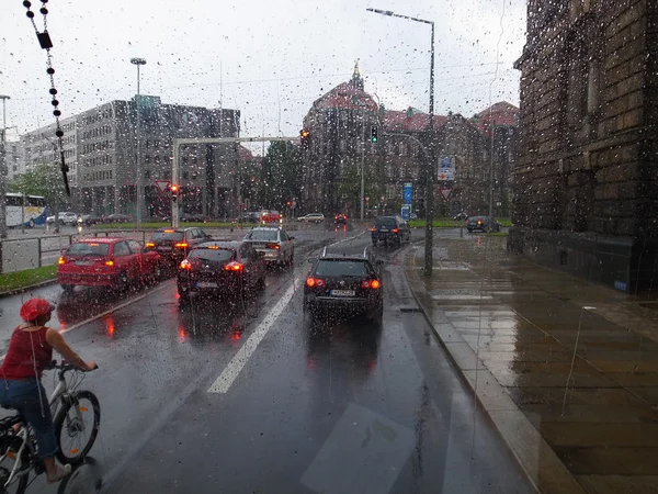 Cyclist, cars, bus in rain in Dresden — Stock Photo, Image