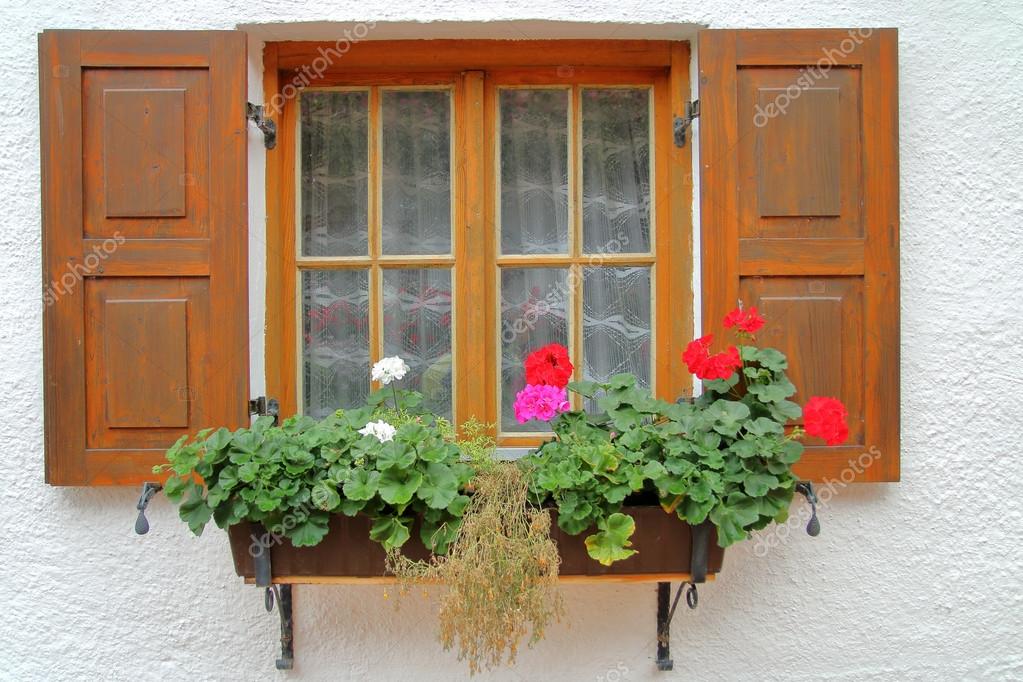 Window of country house with flowers.