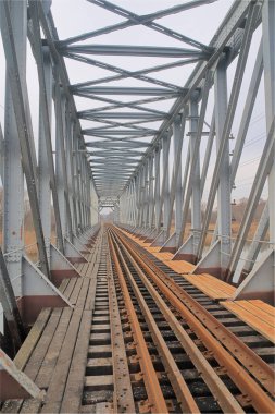 Fotoğraf, Ukrayna 'da Güney Bug Nehri üzerinde nadiren kullanılan eski bir demiryolu köprüsünü gösteriyor..