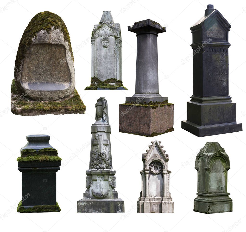 Old tombstones on a white background isolated.
