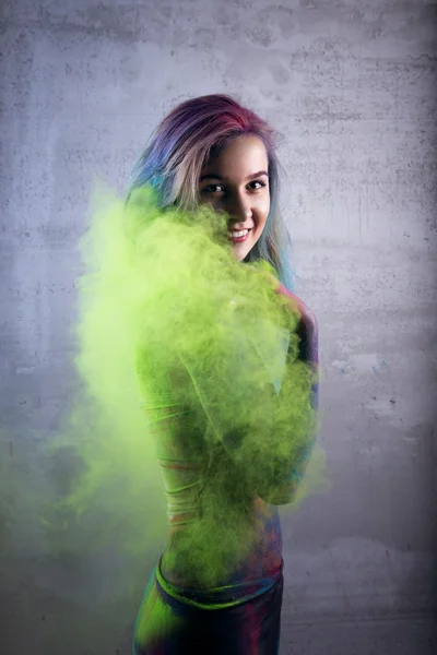 Girl with colored powder — Stock Photo, Image