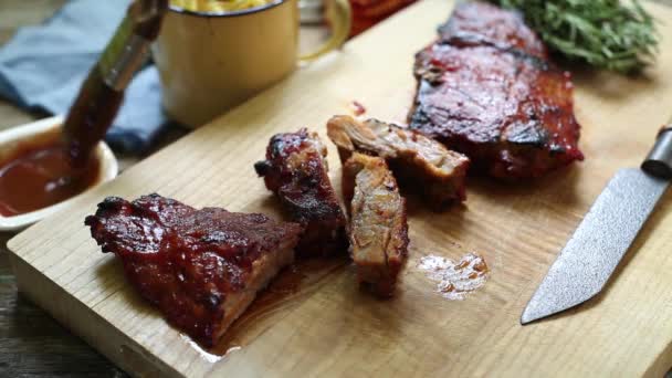 Pork ribs smoked — Stock Video