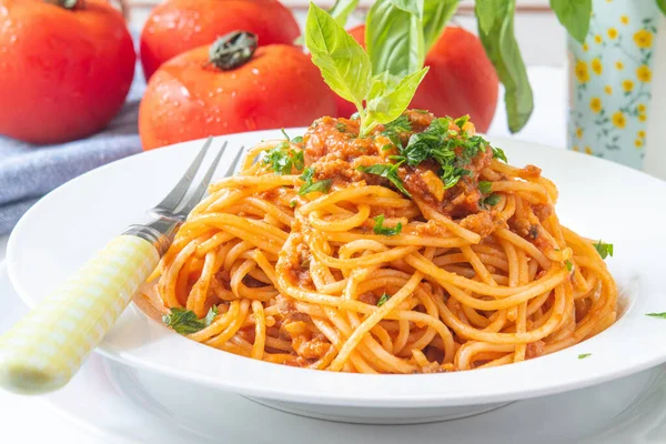 Homemade Bolognese Spaghetti Pan Herbs — Stock Photo, Image