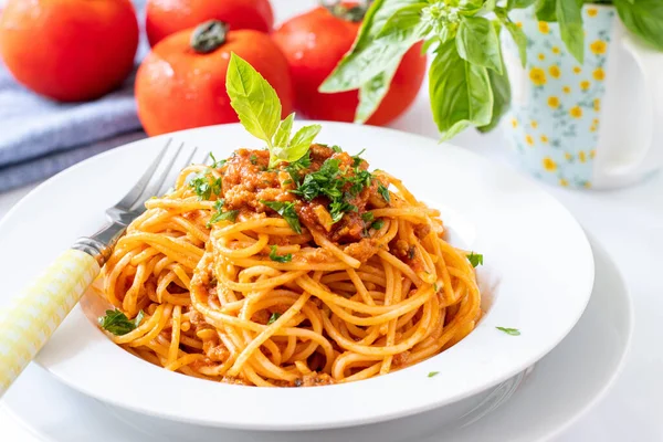 Homemade Bolognese Spaghetti Plate Herbs — Stock Photo, Image