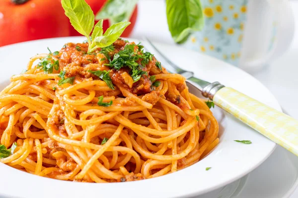 Homemade Bolognese Spaghetti Plate Herbs — Stock Photo, Image