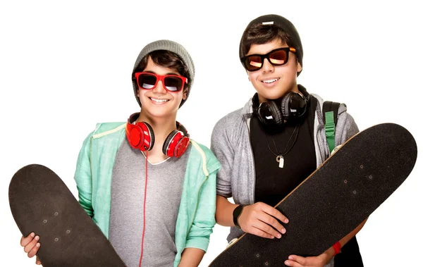 Happy boys with skateboards — Stock Photo, Image