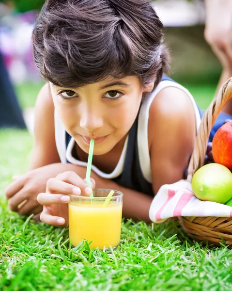 Niño feliz bebiendo jugo —  Fotos de Stock