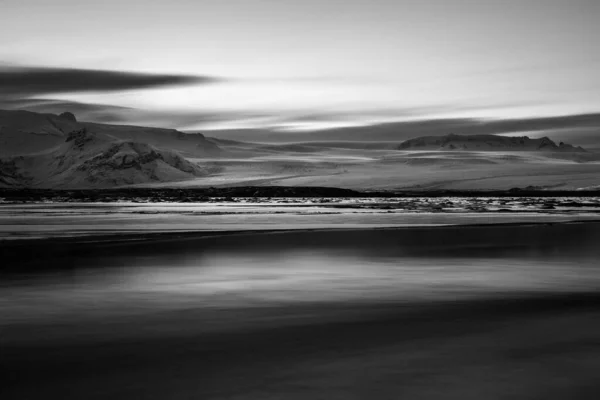 Black White Photo Frozen Lake Snowy Mountains Background Majestic Glacier — Stock Photo, Image